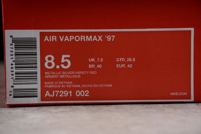 nike mens air vapormax 97 "silver bullet" metallic silver varsity red aj7291-002